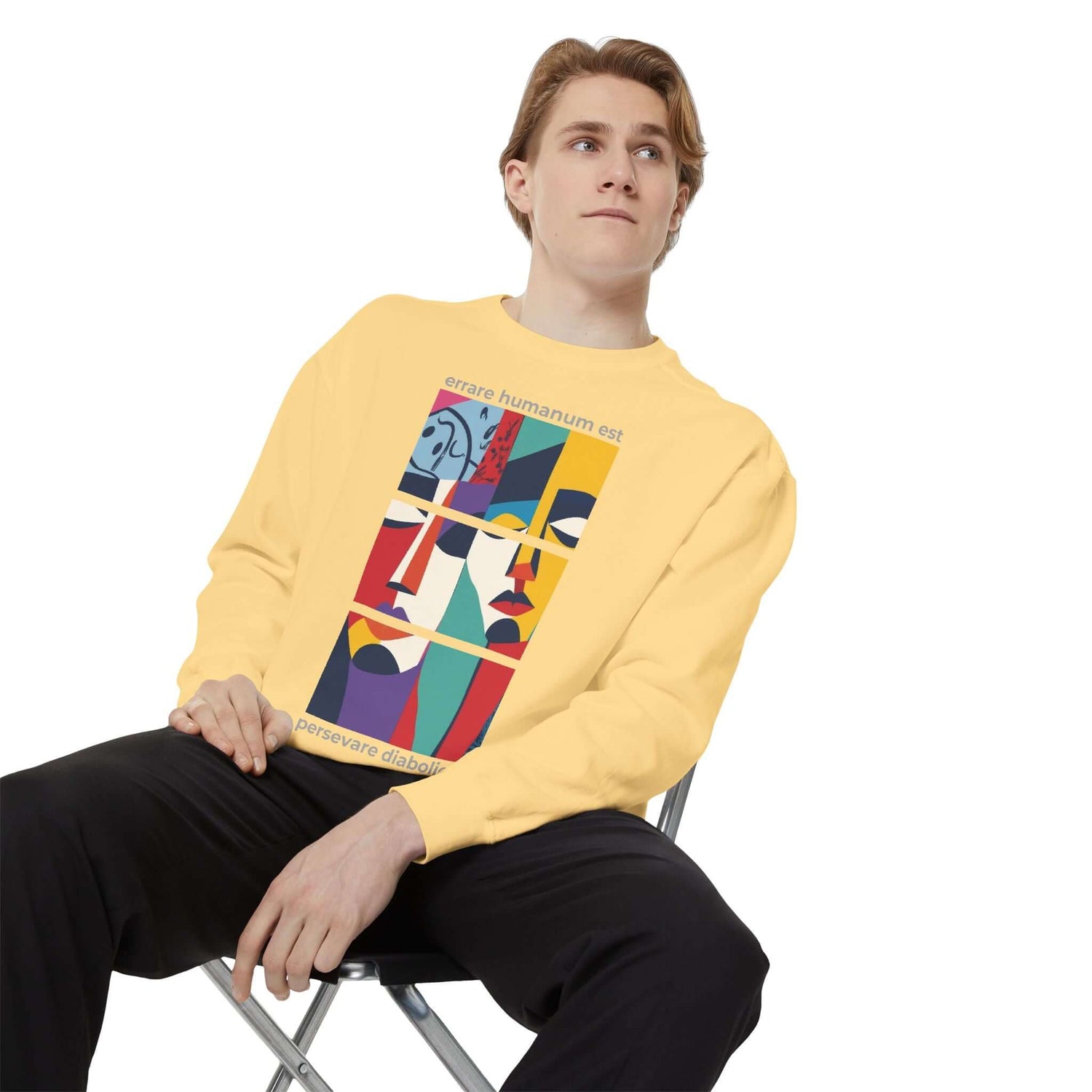 Colorful unisex sweatshirt with artistic design, perfect for comfort and self-expression on casual days.