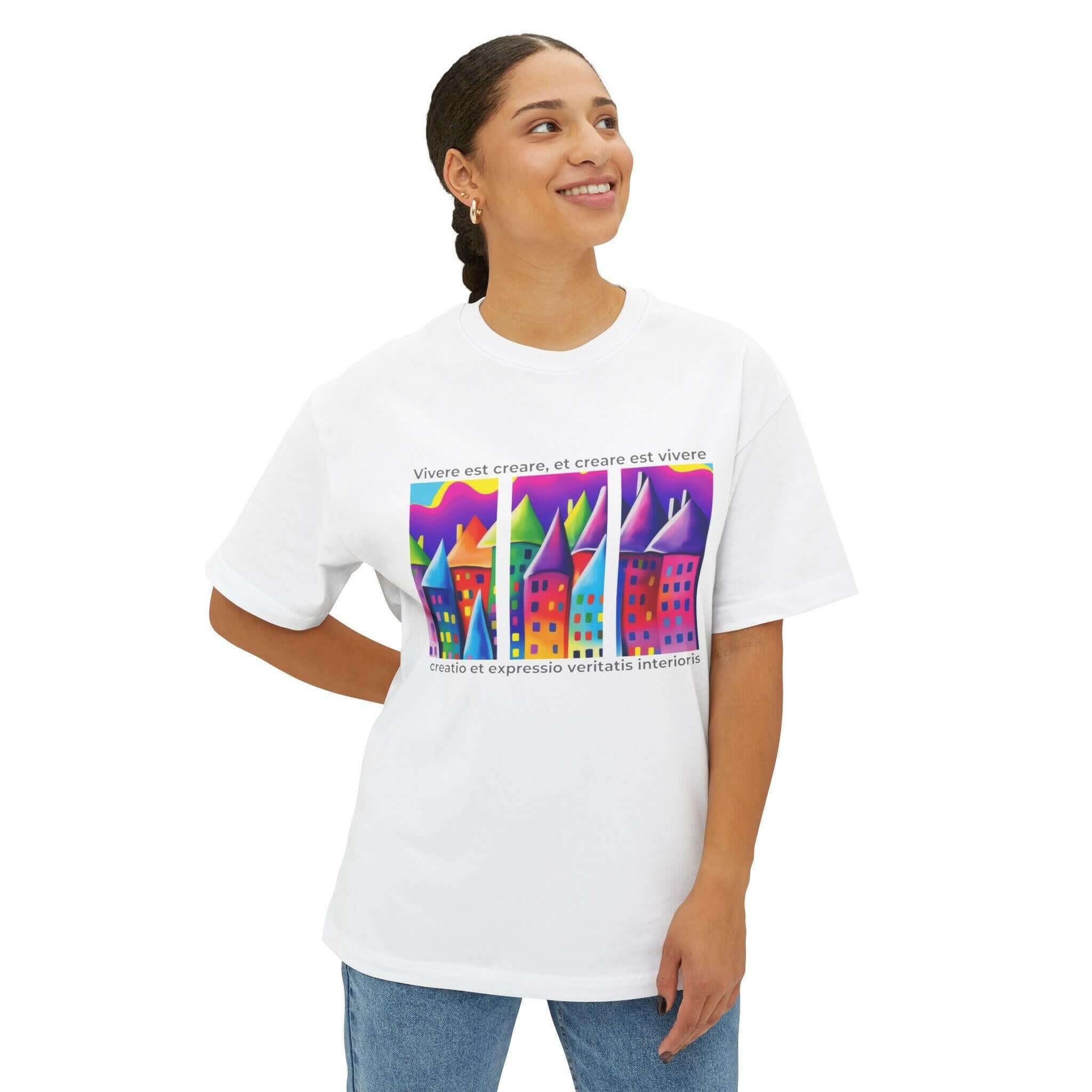 Unisex oversized white tee featuring vibrant artistic designs and a relaxed fit, perfect for casual outings and lounging.