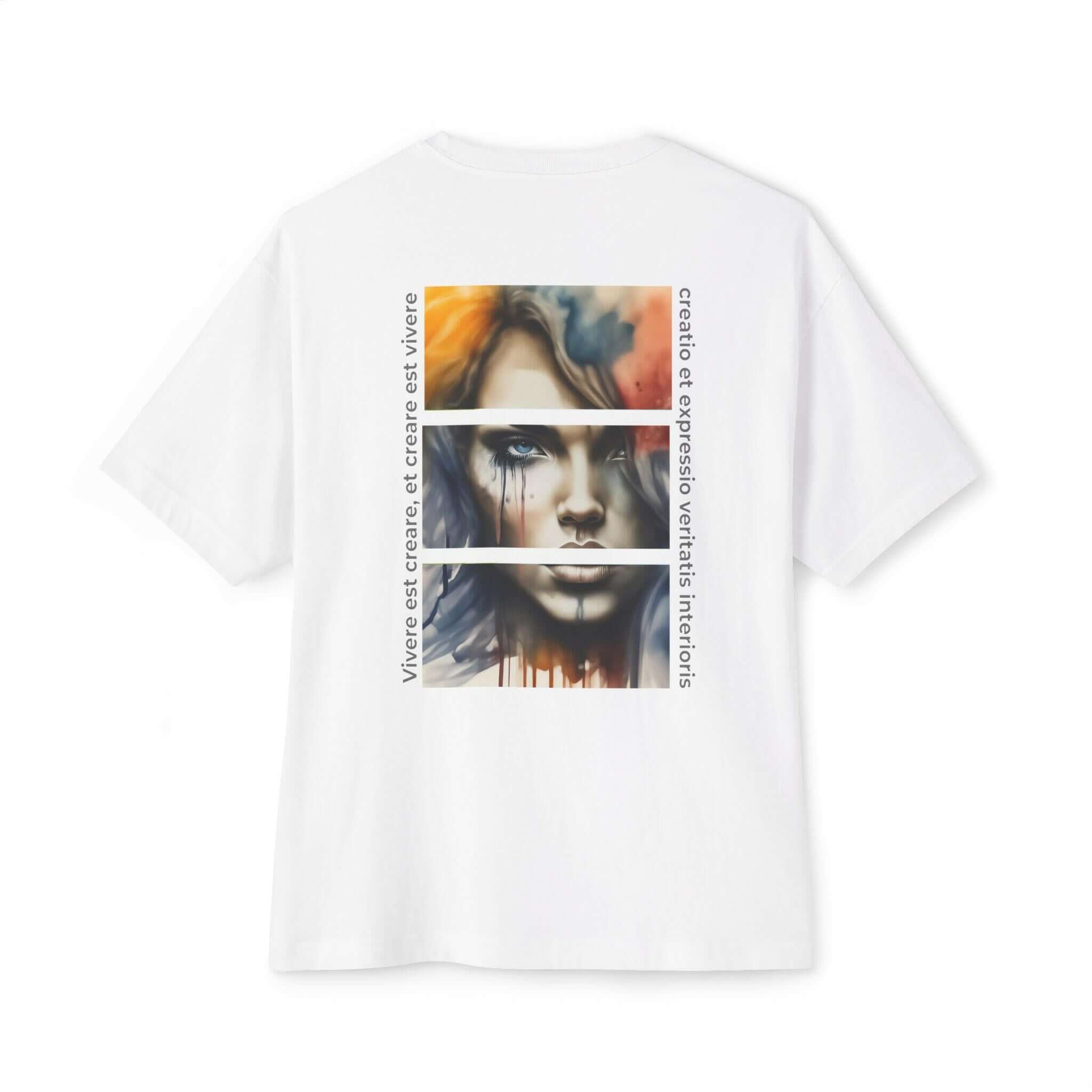 Artistic unisex oversized tee featuring a striking graphic design on the back, perfect for casual wear and self-expression.