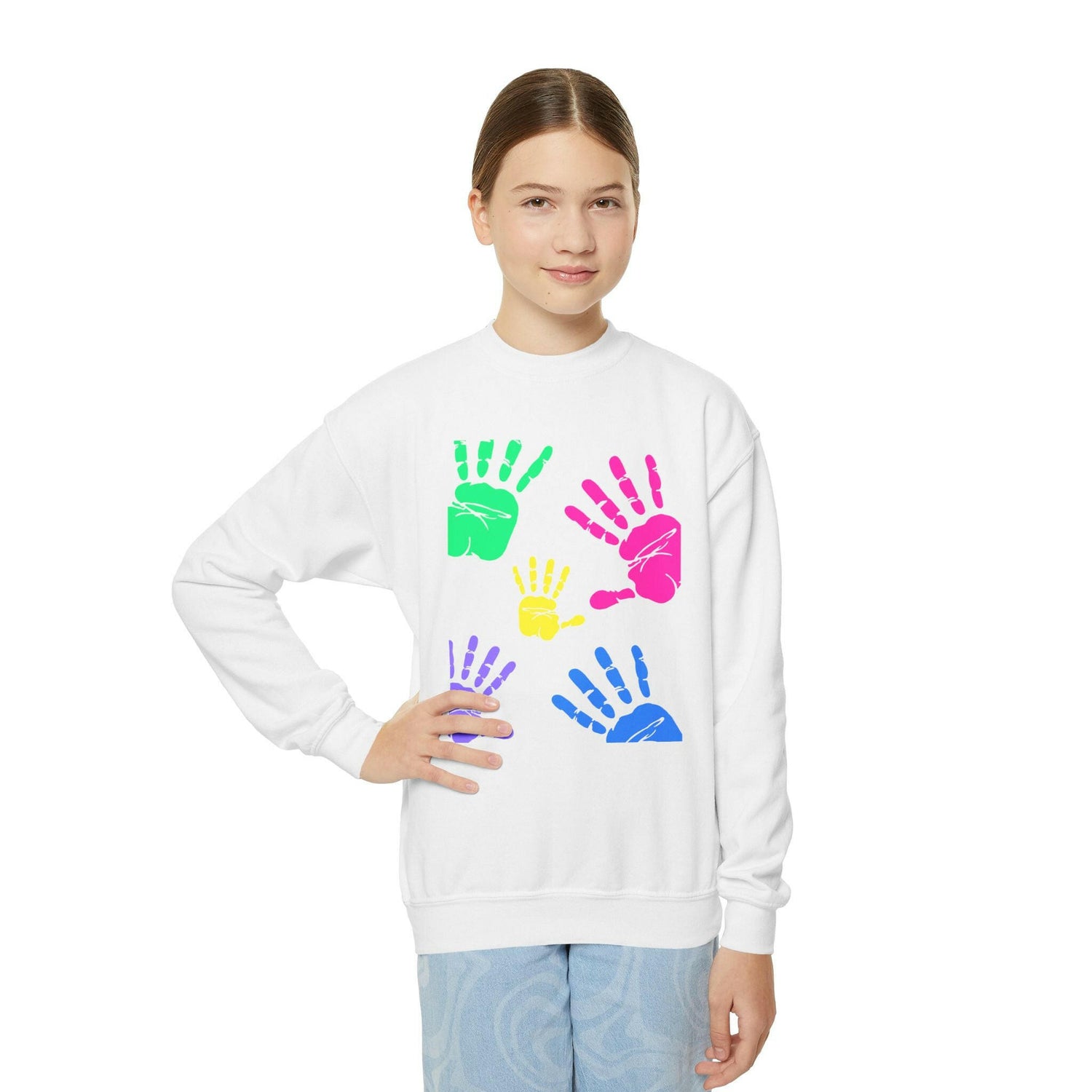 Colorful Handprint Youth Crewneck Sweatshirt - Perfect for Kids and Family Gatherings