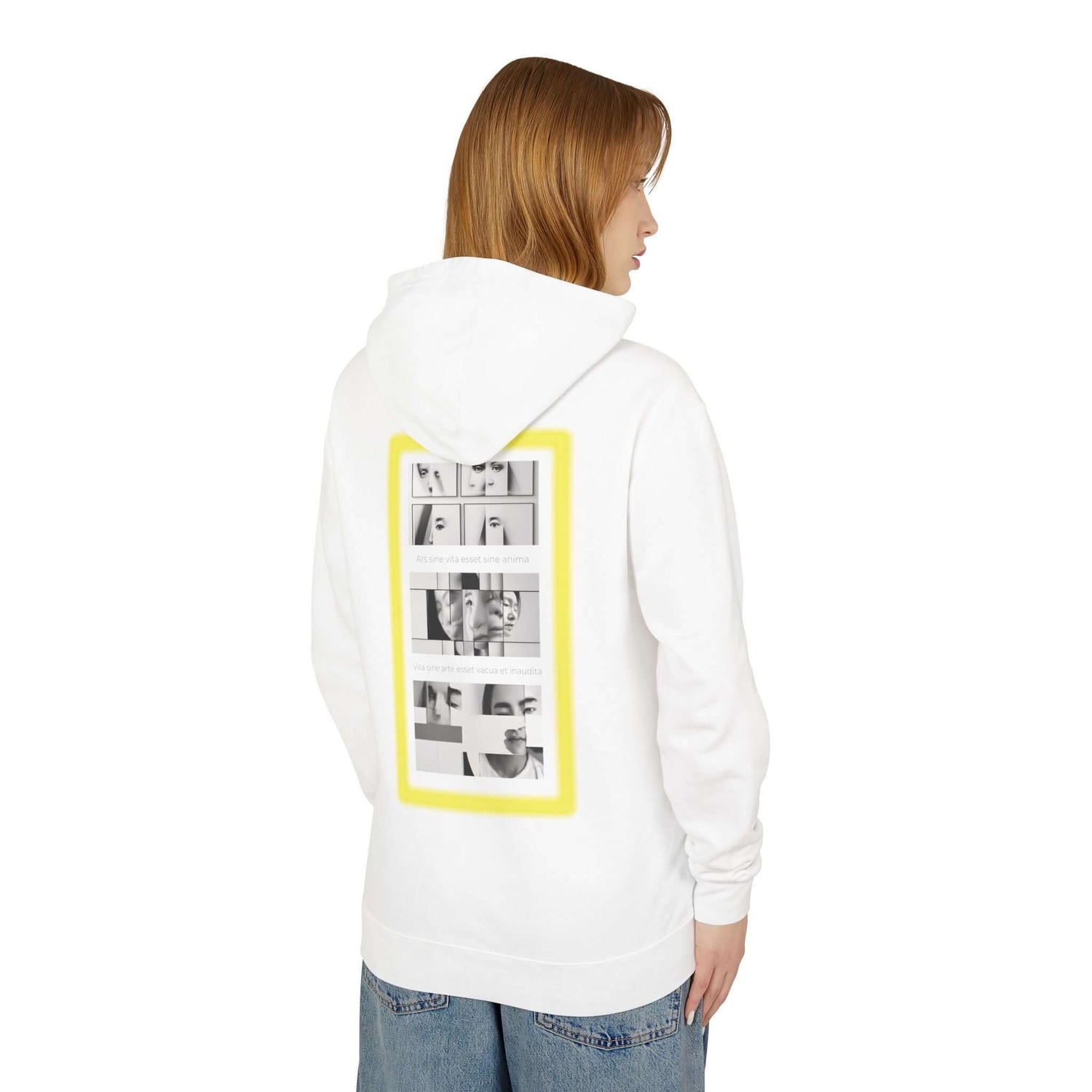 Woman in a white lightweight hooded sweatshirt with a stylish graphic design on the back, showcasing a casual yet chic look.