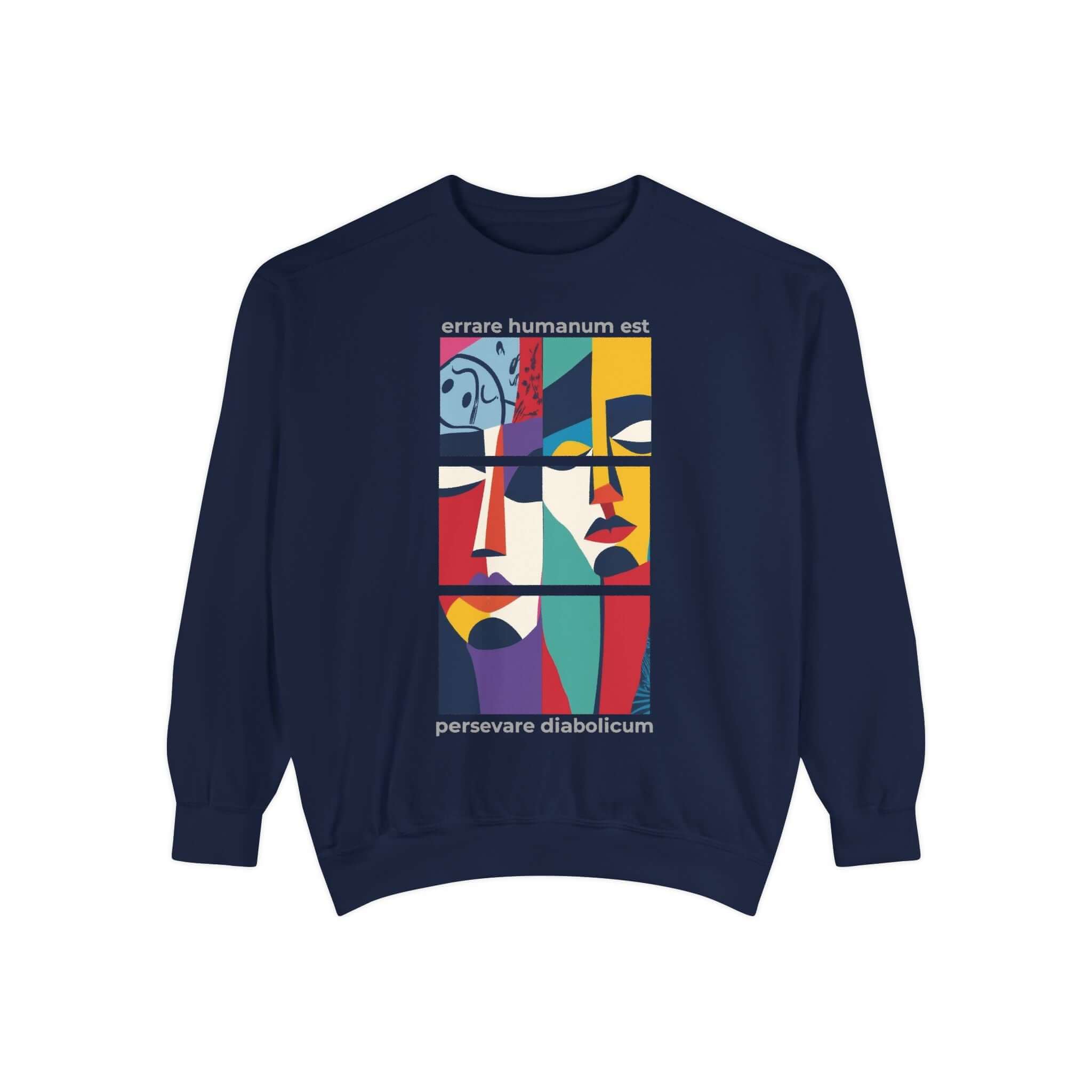 Colorful unisex sweatshirt with artistic design featuring faces and motivational quote, perfect for comfort and self-expression.