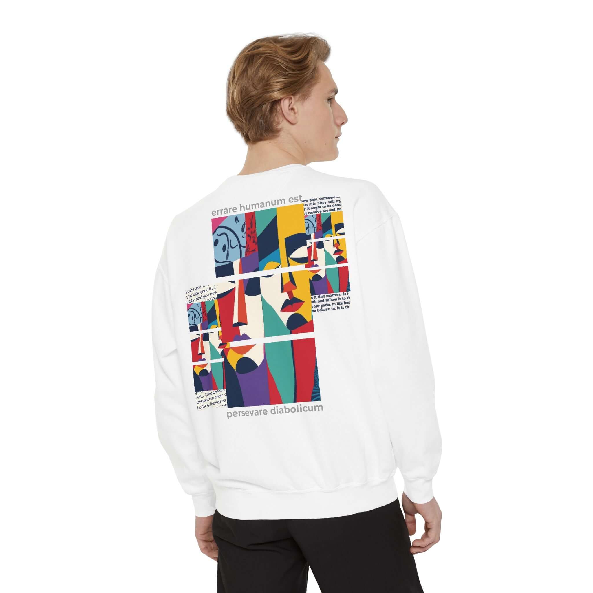 Unisex colorful sweatshirt featuring artistic design and motivational text on the back, perfect for stylish comfort.