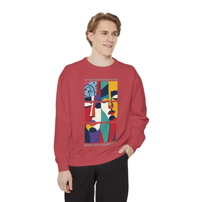 Colorful unisex sweatshirt featuring artistic face design, perfect for casual wear and self-expression.