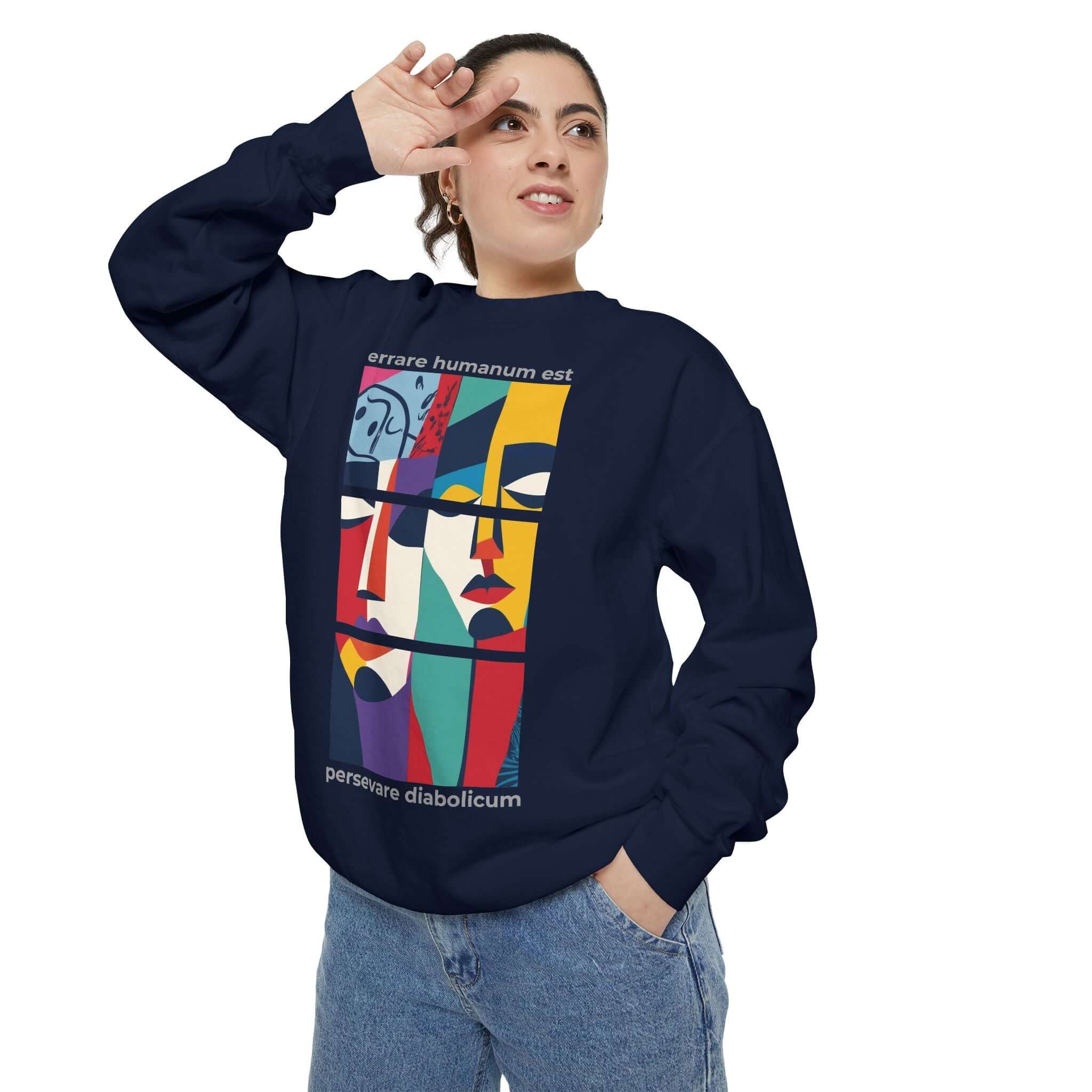 Colorful unisex sweatshirt featuring unique artistic design and motivational quote for self-expression and comfort.