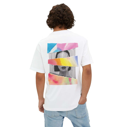 Unisex oversized tee featuring a colorful artistic design on the back, perfect for casual outings and creative expression.