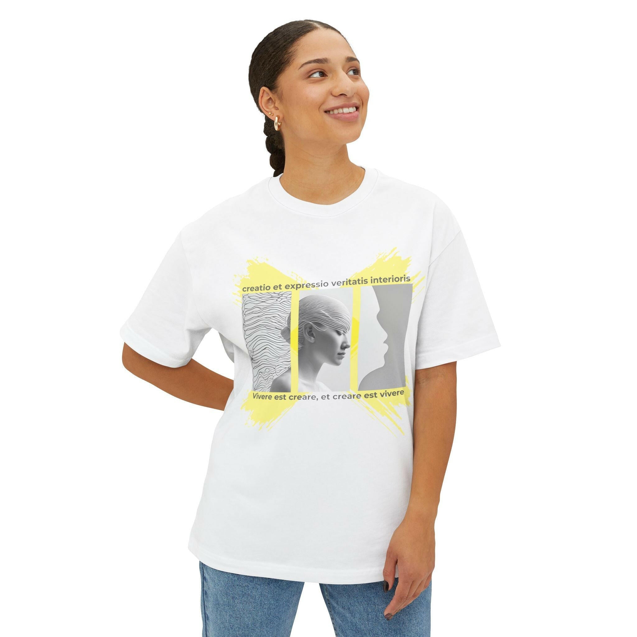 Inspirational Unisex Oversized Boxy Tee - Artistic Design with Latin Quotes.