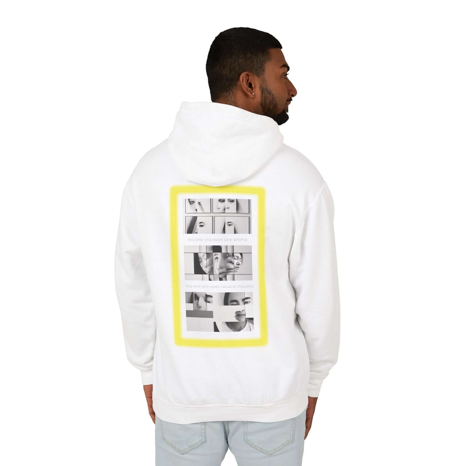 Unisex lightweight hooded sweatshirt in white with a stylish graphic design on the back, perfect for casual wear.