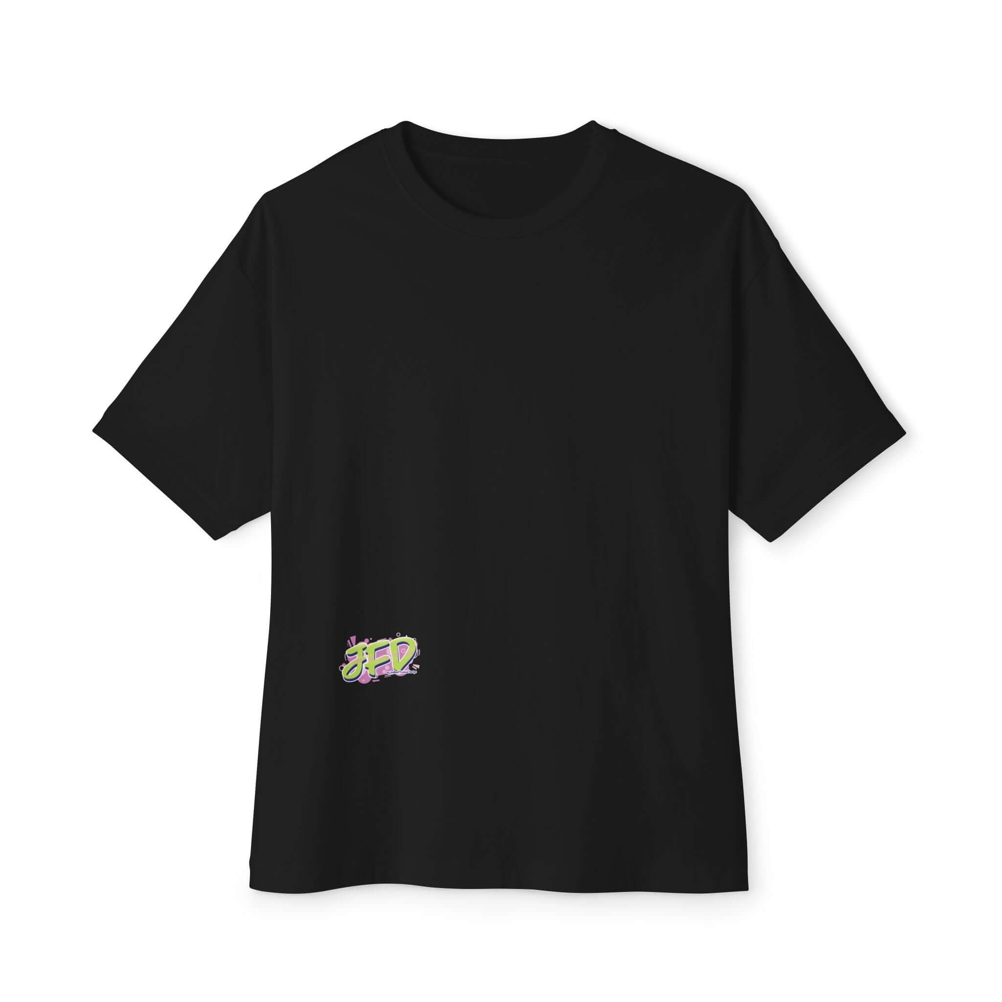 Unisex oversized black tee featuring colorful artistic design on the front, perfect for casual wear or creative expression.