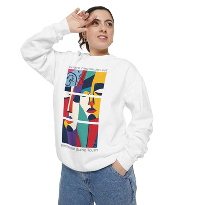 Colorful unisex sweatshirt with artistic face design, perfect for self-expression and comfort on chill days.