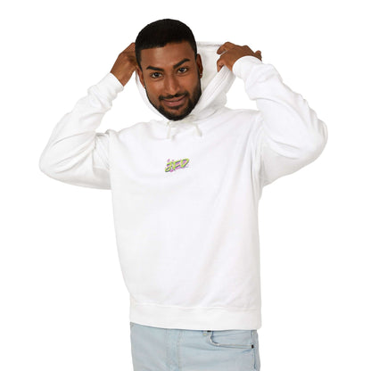 Unisex lightweight hooded sweatshirt in white, worn by a smiling man adjusting the hood, showcasing comfort and style.