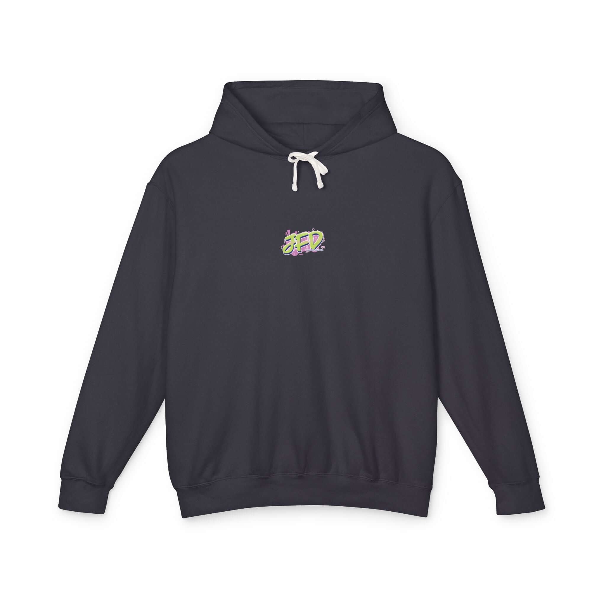 Artistic unisex lightweight hooded sweatshirt in dark gray with colorful logo, perfect for casual, stylish wear.