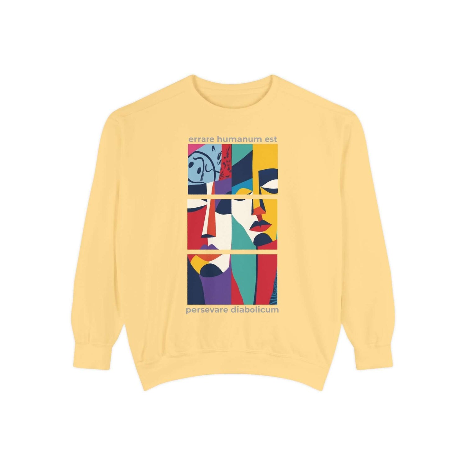 Colorful unisex sweatshirt featuring a unique art design with motivational text in soft yellow fabric.