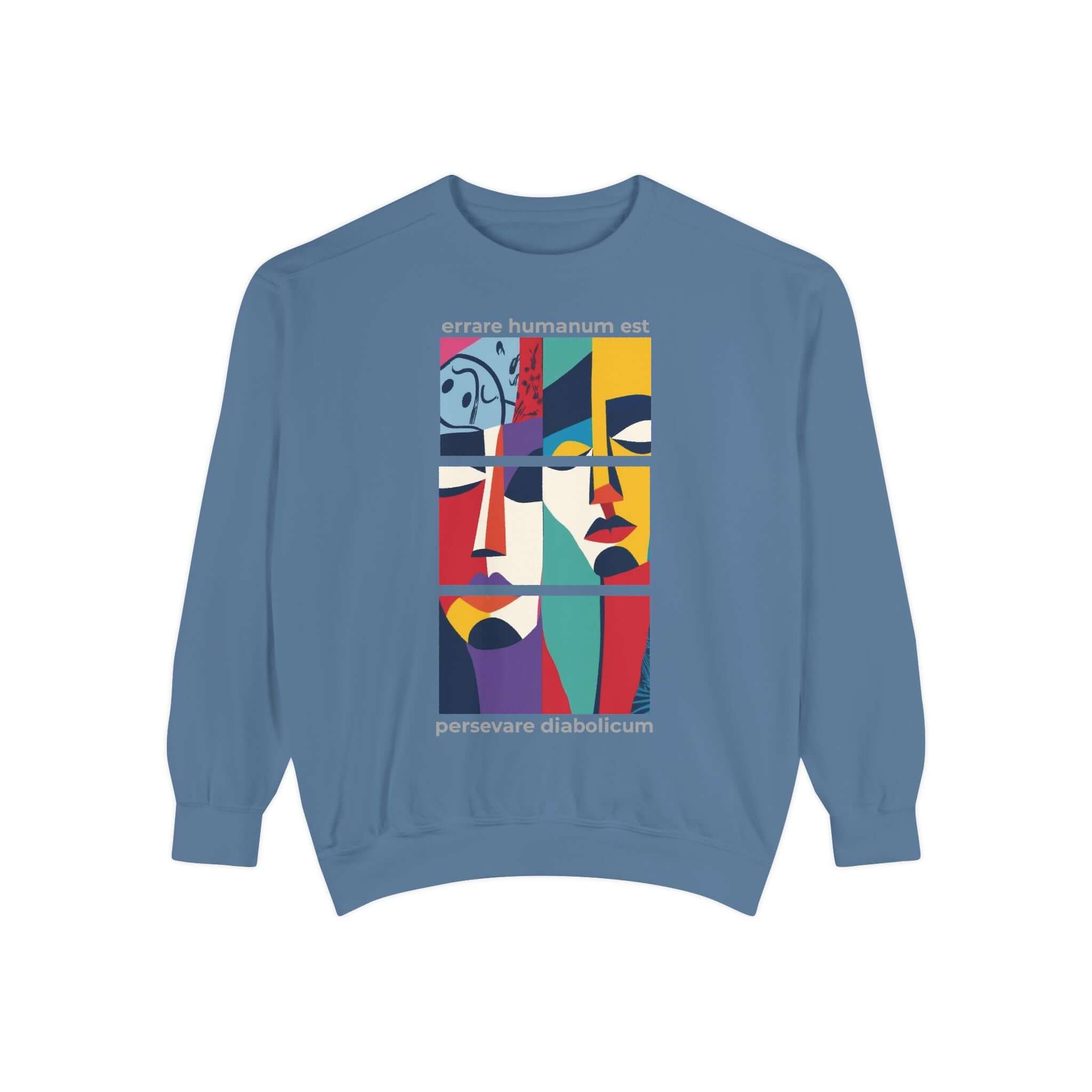 Colorful unisex sweatshirt featuring abstract faces and motivational text, perfect for artistic self-expression.