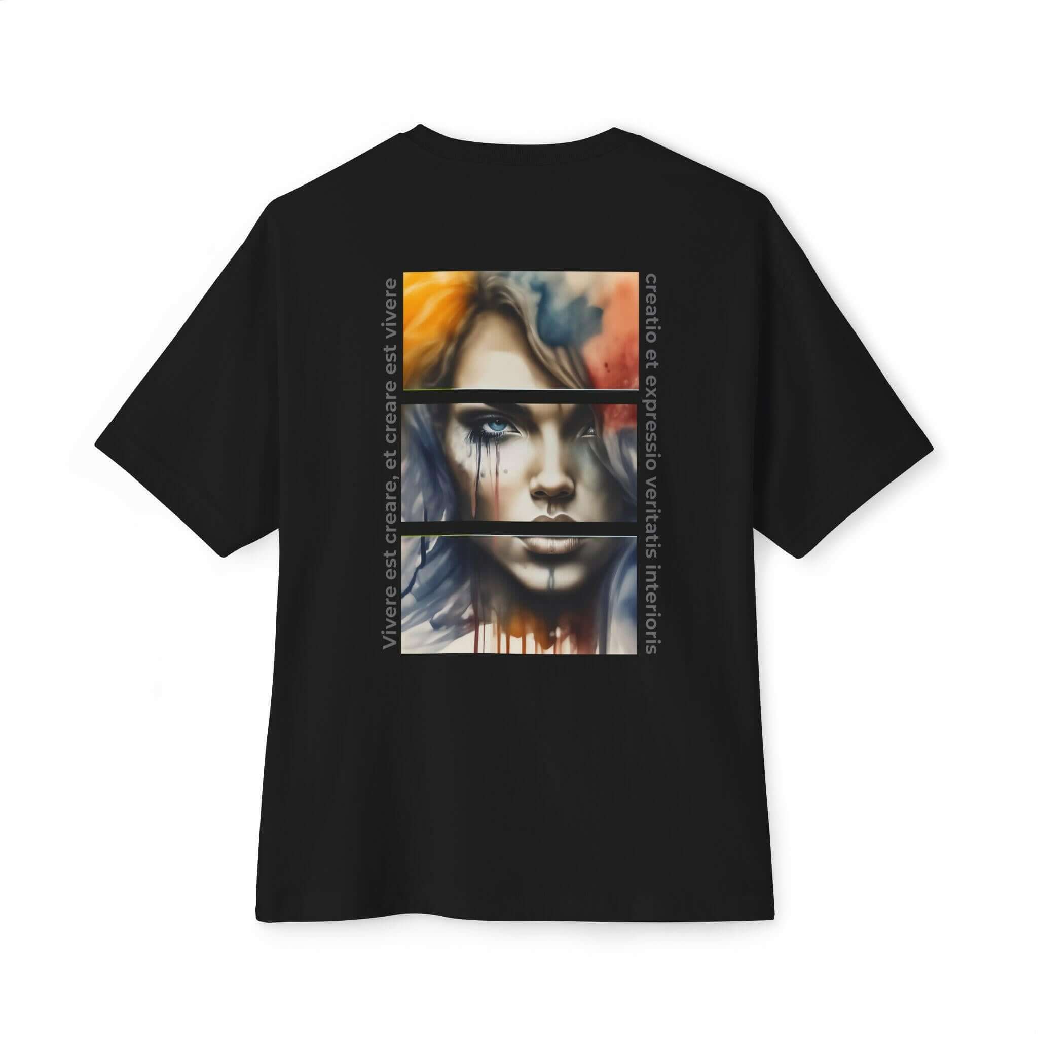 Unisex oversized tee with artistic face design and vibrant colors on black fabric, ideal for casual and stylish outings.