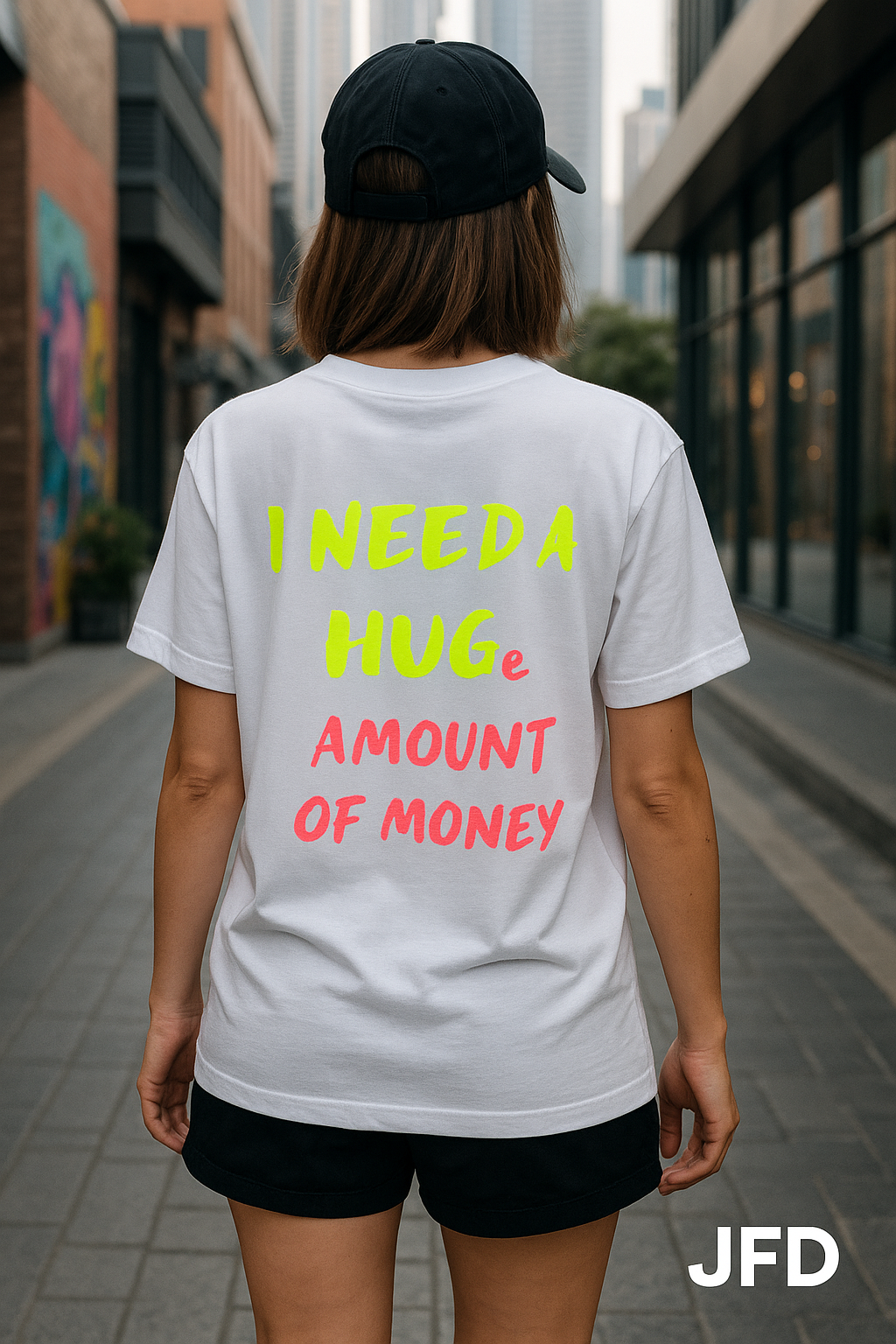 JFD handmade neon streetwear t-shirt in Dubai – I Need a HUGe Amount of Money design.